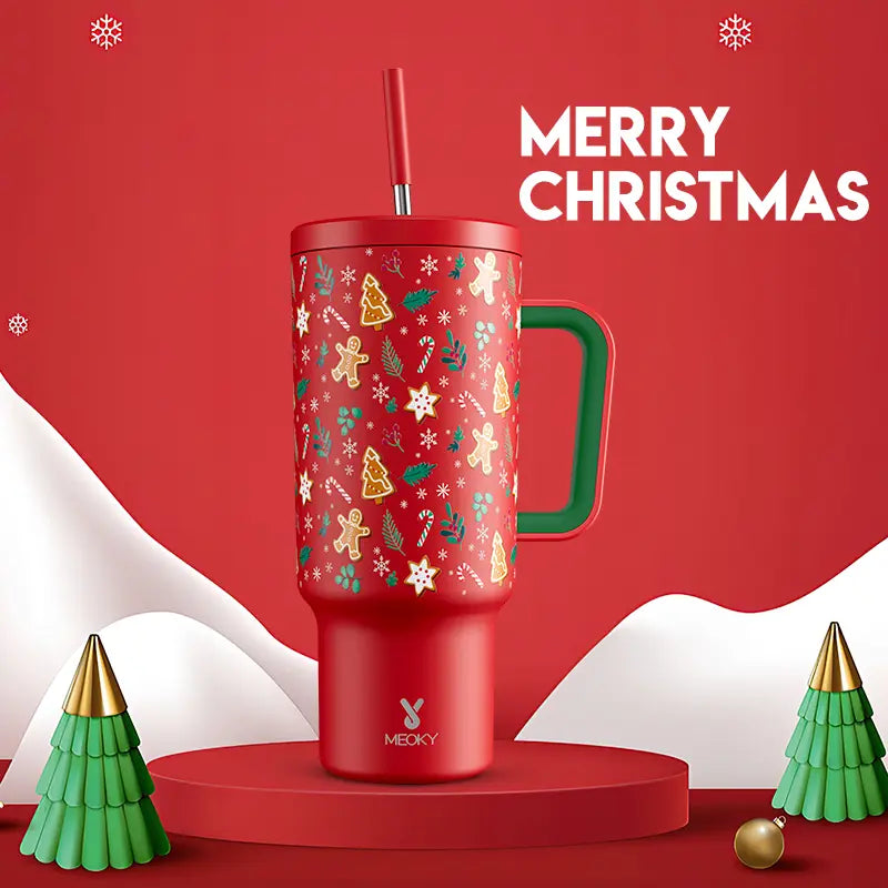 Meoky 40Oz Christmas Tumbler with Handle, Leak-Proof Lid and Straw, Insulated Waterbottle Coffee Mug Stainless Steel Travel Mug, Keeps Cold for 34 Hours or Hot for 10 Hours Drinkware Flasks Water Bottles