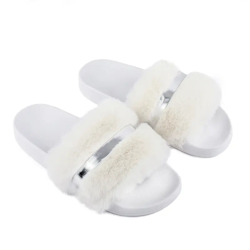 New 2024 Women'S Faux Fur Slides, Open Toe Cute Fur Slippers, Comfortable Fur Sandals with Fluffy Fur