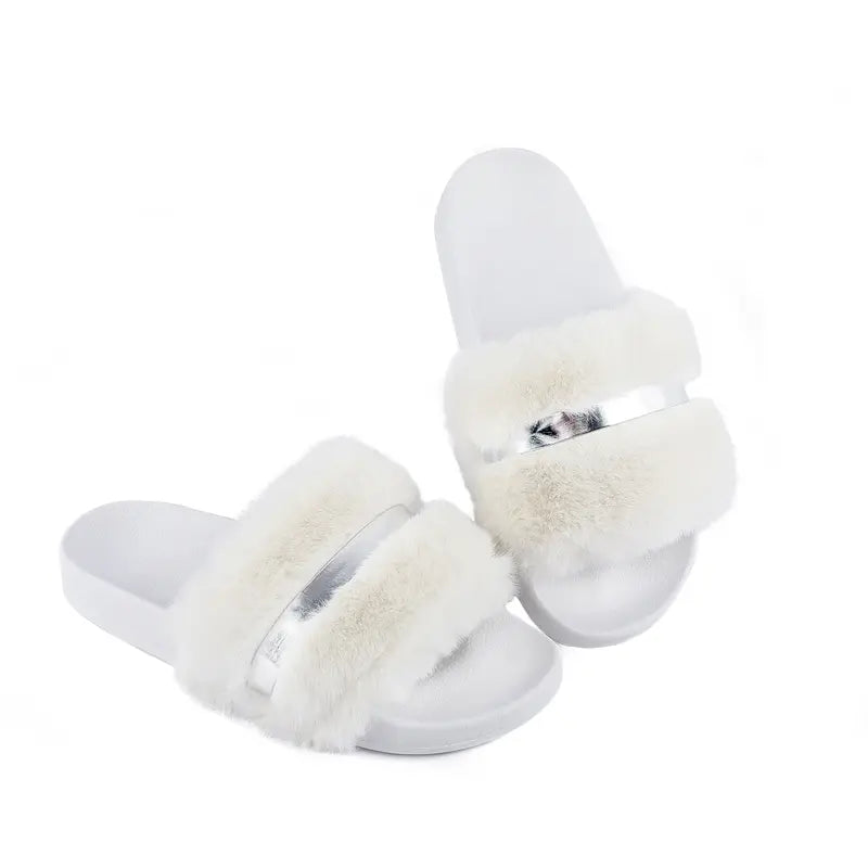 New 2024 Women'S Faux Fur Slides, Open Toe Cute Fur Slippers, Comfortable Fur Sandals with Fluffy Fur