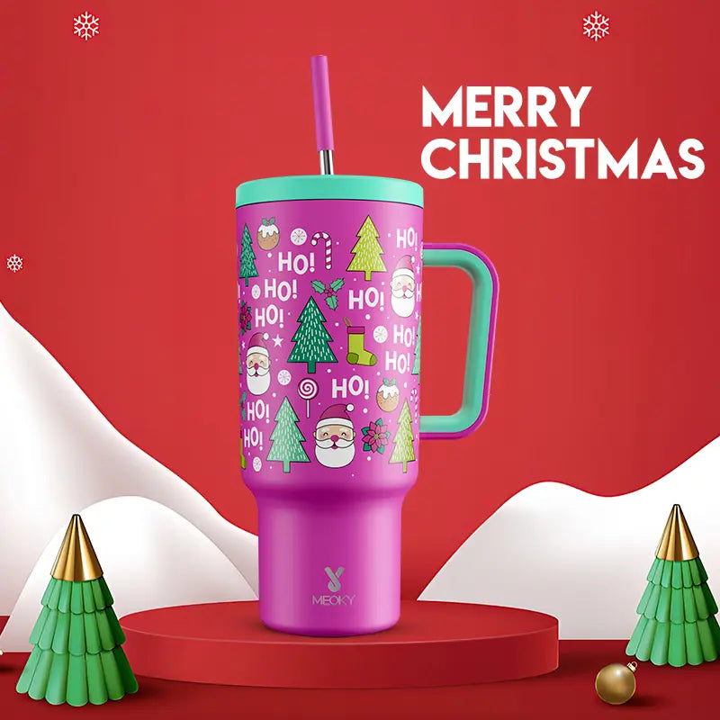 Meoky 40Oz Christmas Tumbler with Handle, Leak-Proof Lid and Straw, Insulated Waterbottle Coffee Mug Stainless Steel Travel Mug, Keeps Cold for 34 Hours or Hot for 10 Hours Drinkware Flasks Water Bottles