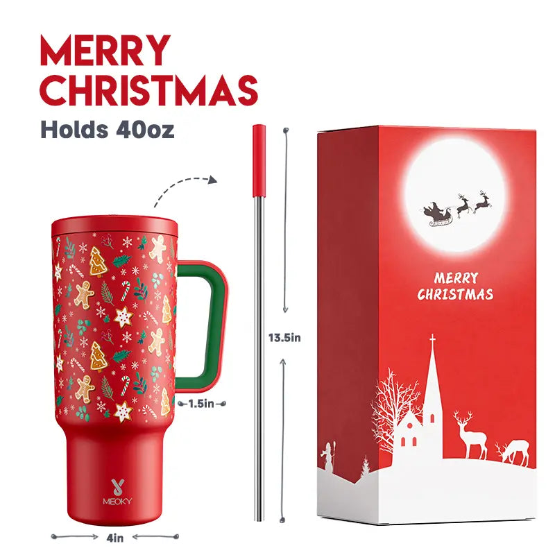 Meoky 40Oz Christmas Tumbler with Handle, Leak-Proof Lid and Straw, Insulated Waterbottle Coffee Mug Stainless Steel Travel Mug, Keeps Cold for 34 Hours or Hot for 10 Hours Drinkware Flasks Water Bottles