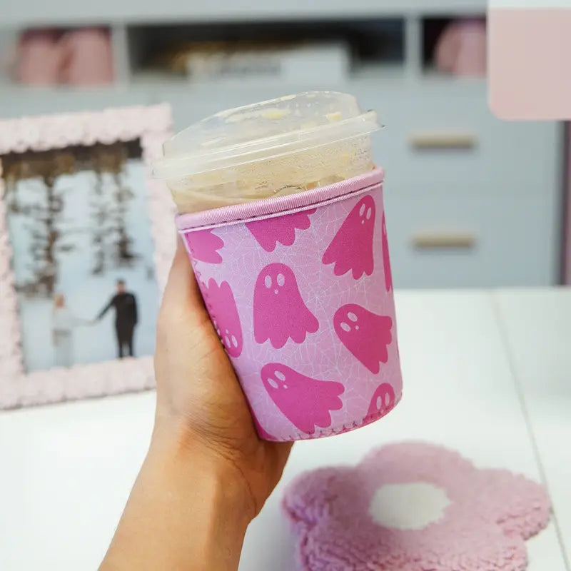 Pink Halloween Ghost Iced Coffee Sleeve, Coffee Coozie Beverage Drinkware Reusable Disposable Water Proof, Halloween Decor, Halloween Lover Gifts