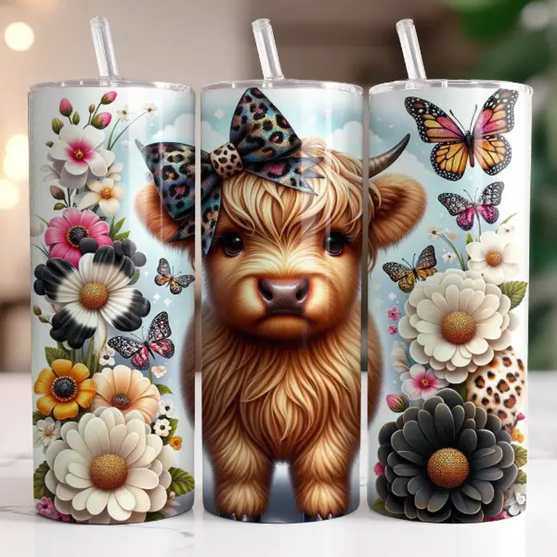 20 Oz Sublimation Springtime Highland Cow with 3D Flowers