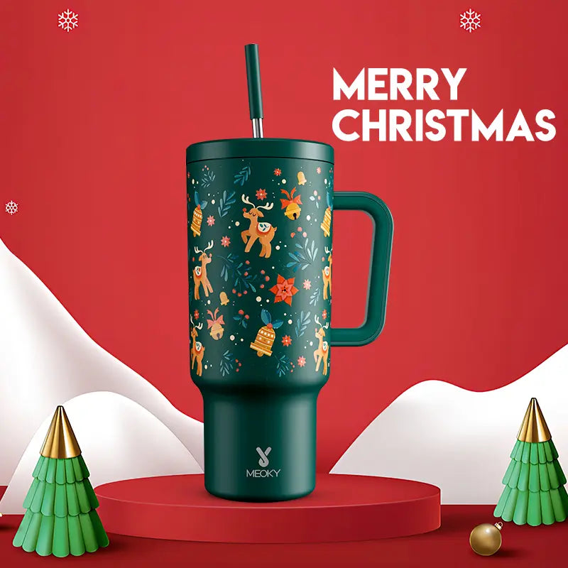 Meoky 40Oz Christmas Tumbler with Handle, Leak-Proof Lid and Straw, Insulated Waterbottle Coffee Mug Stainless Steel Travel Mug, Keeps Cold for 34 Hours or Hot for 10 Hours Drinkware Flasks Water Bottles