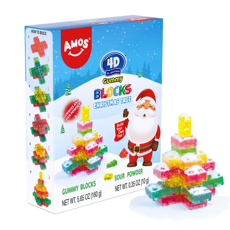 Amos 4D Christmas Candy Gummy Blocks, Edible Blocks Building Christmas Tree, Fruit Snacks Gluten Free, Xmas-Themed Gift 6Oz Packs Exotic Rare Snacks Exotic Snacks Lemon Sweet Bonbon Strawberry Apple Sour